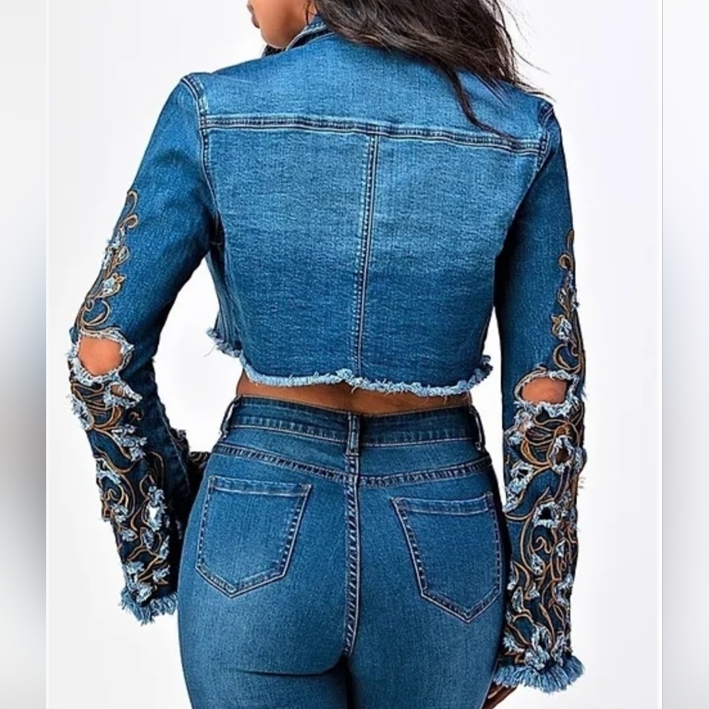 Cropped Embroidered Long Bell Sleeve Button Up Denim Jean Jacket - Picture 4 of 13